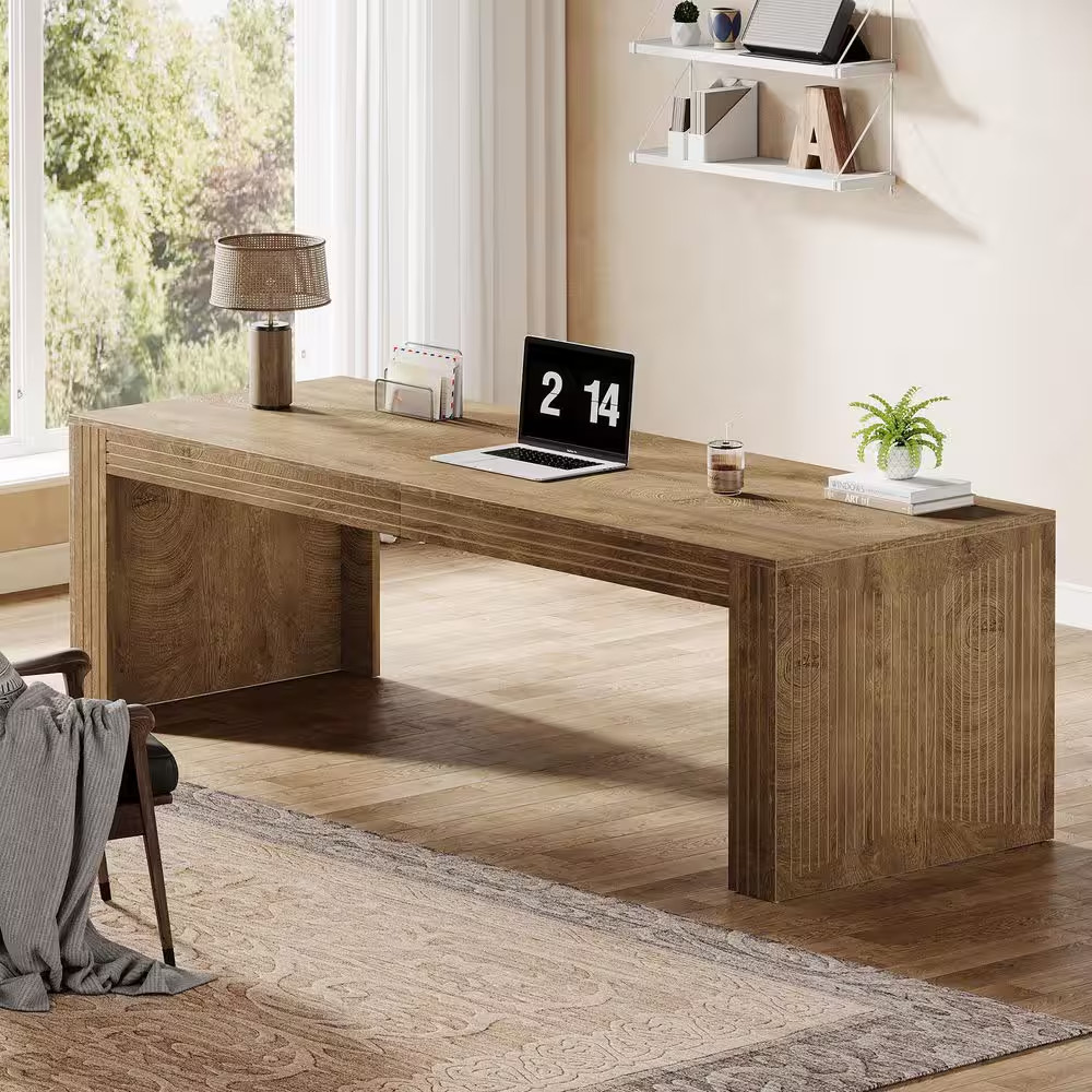 Halseey 79 In. Extra Long Double Rectangular Light Brown Wood Computer Desk Home