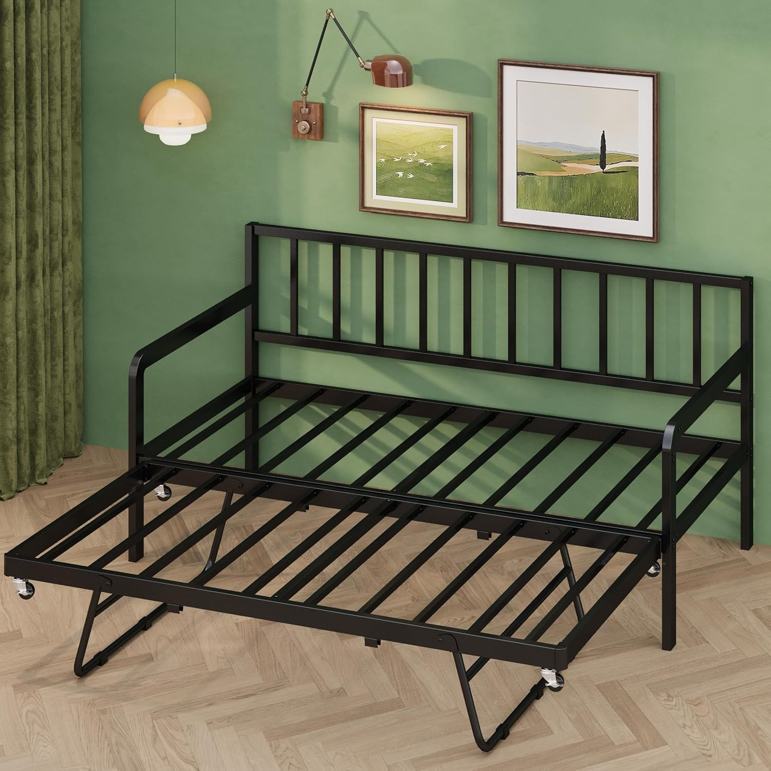 Black Twin Daybed with Pop-Up Trundle, Metal Frame for Bedroom & Living Room
