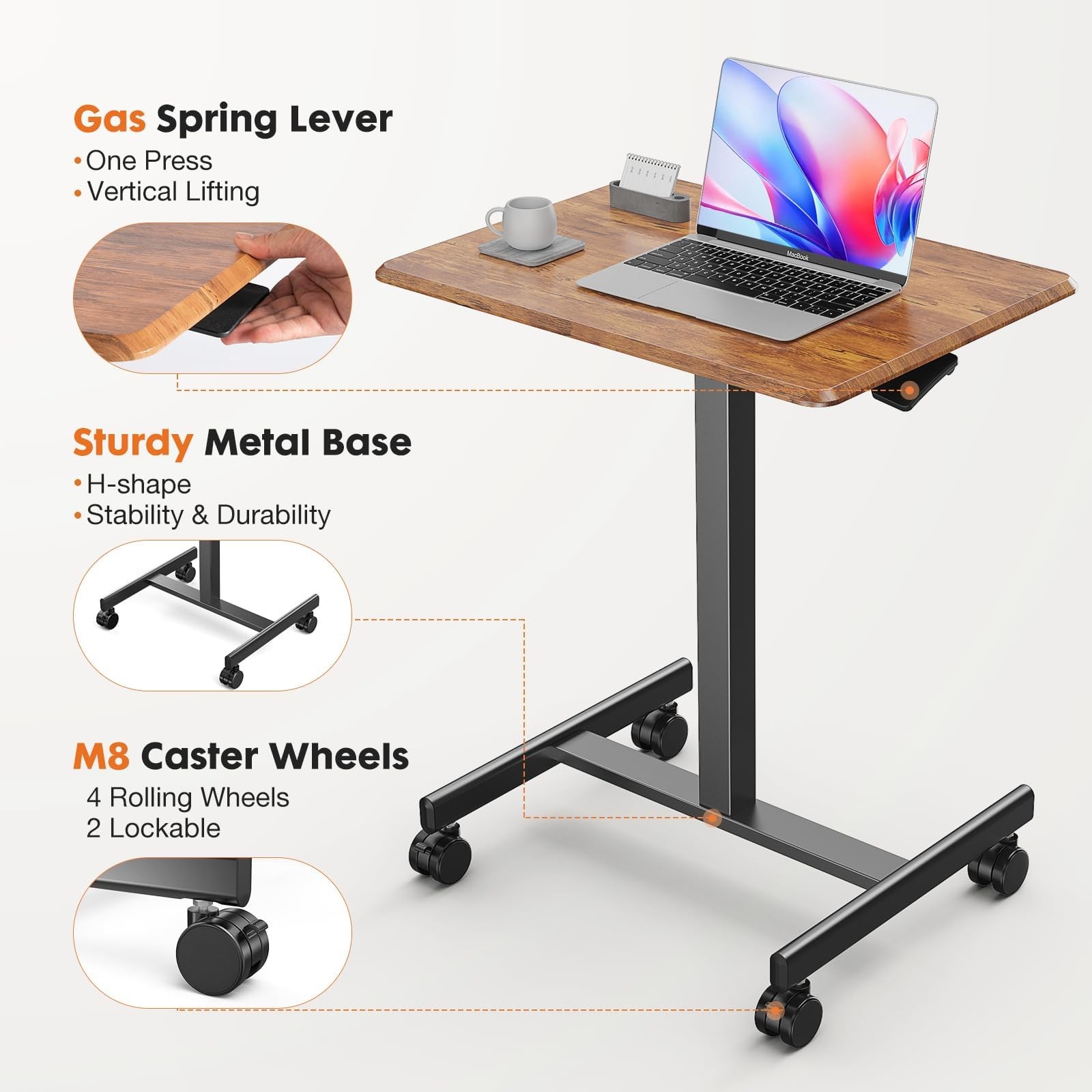 Rolling Standing Desk with Lockable Wheels Adjustable Height Brown/White/Black