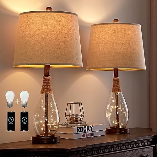 Bedside Table Lamps Set of 2 with USB, Modern Bedside Lamps Retro Wood-Like