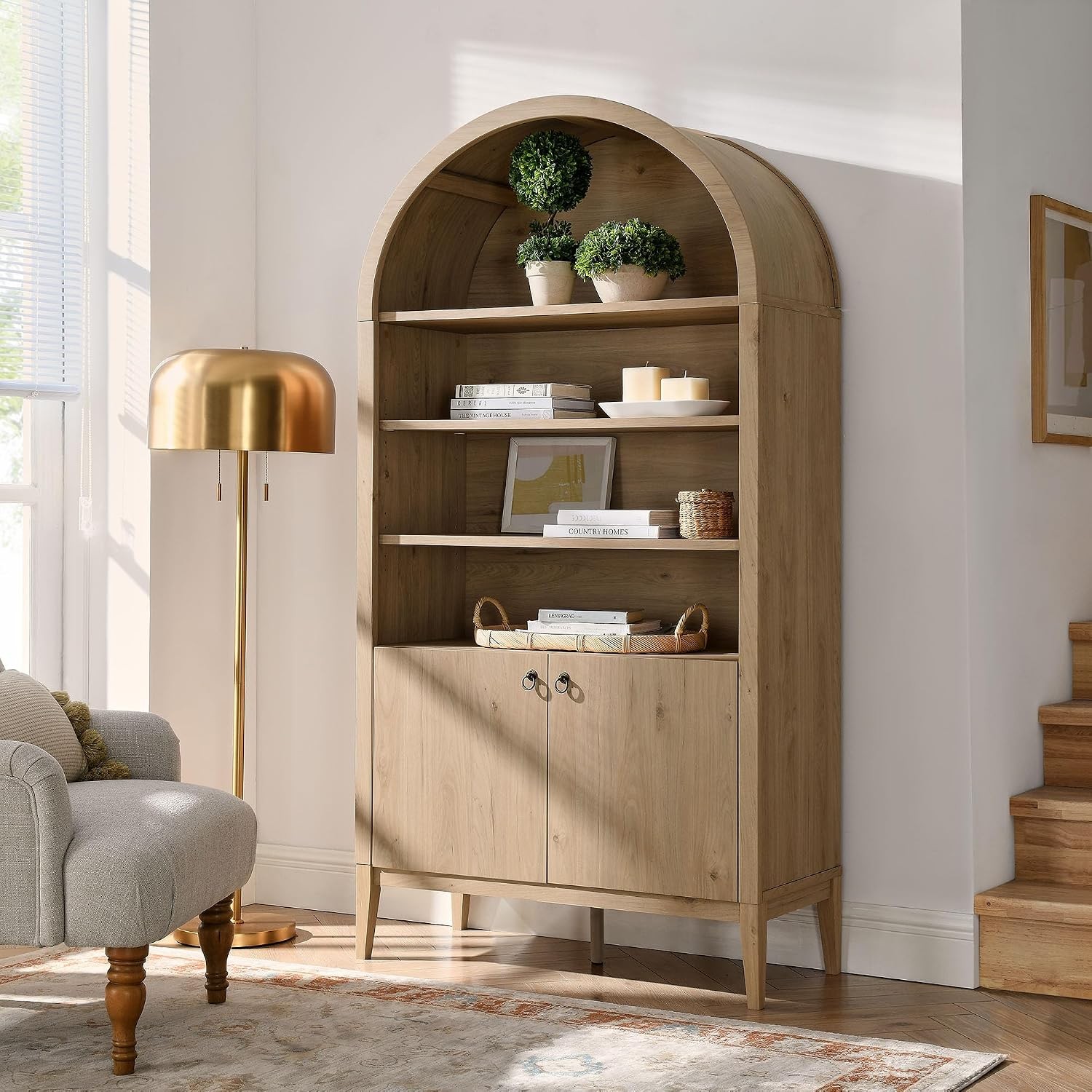 Nolan Tall Arched Storage Display Cabinet in Light Oak – 74 Inch Arch Bookshelf
