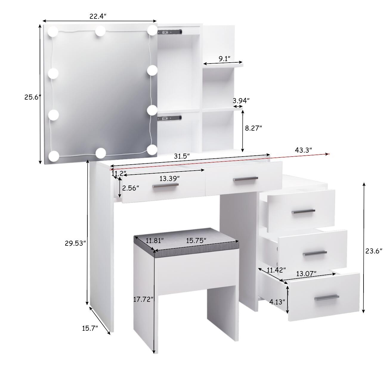 Makeup Vanity Table Stool Dressing Set with 10 Led Lighted Mirror & 5 Drawers