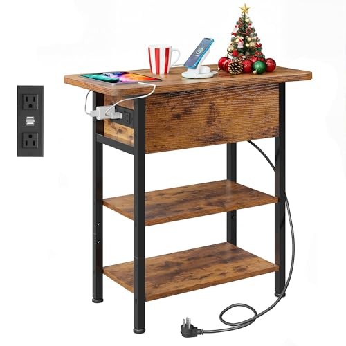End Table with Charging Station, Flip 11.81″D x 23.62″W x 24.33″H Rustic Brown