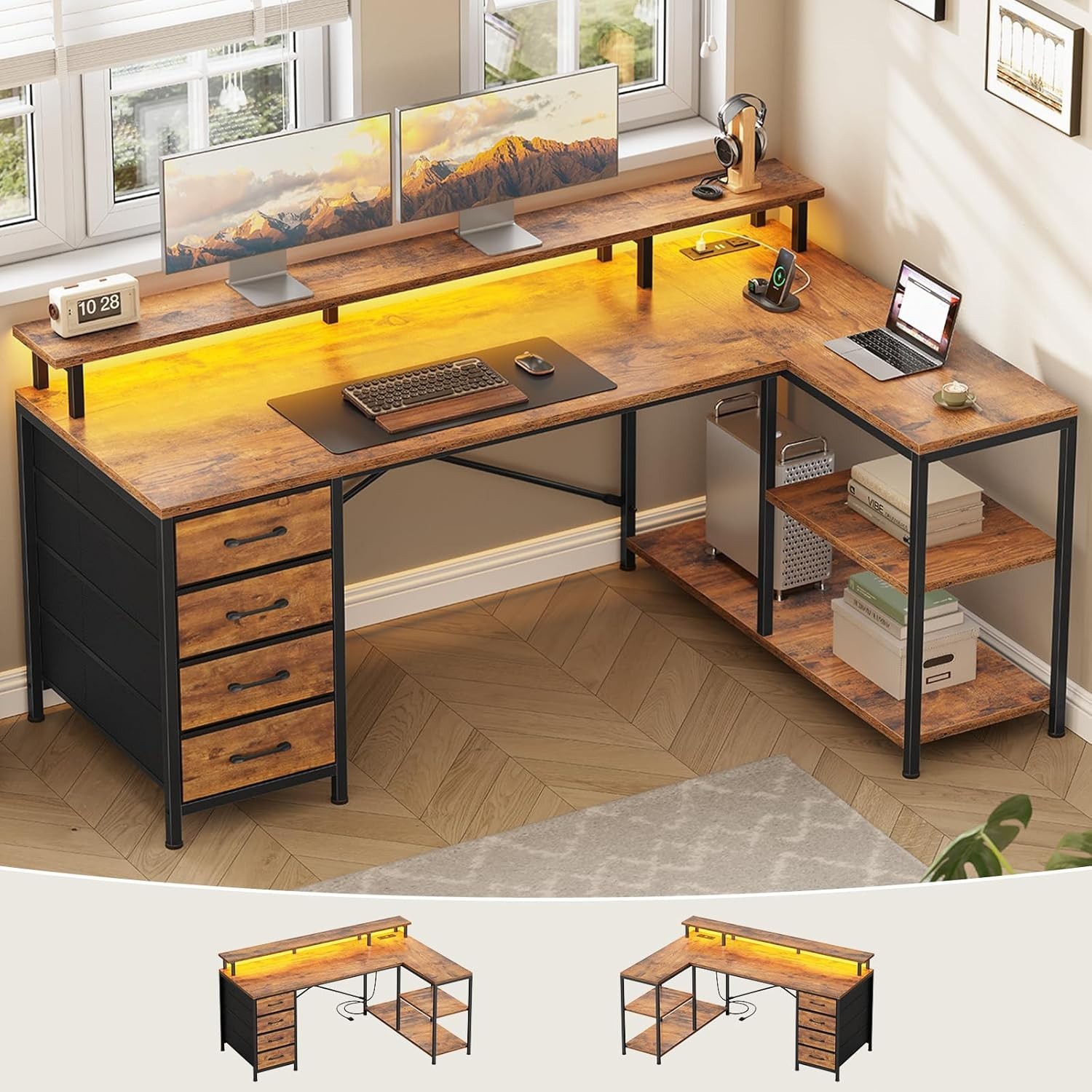 L Shaped Desk with 4 Drawers &Storage Shelves, Corner Computer Desk w/LED Lights