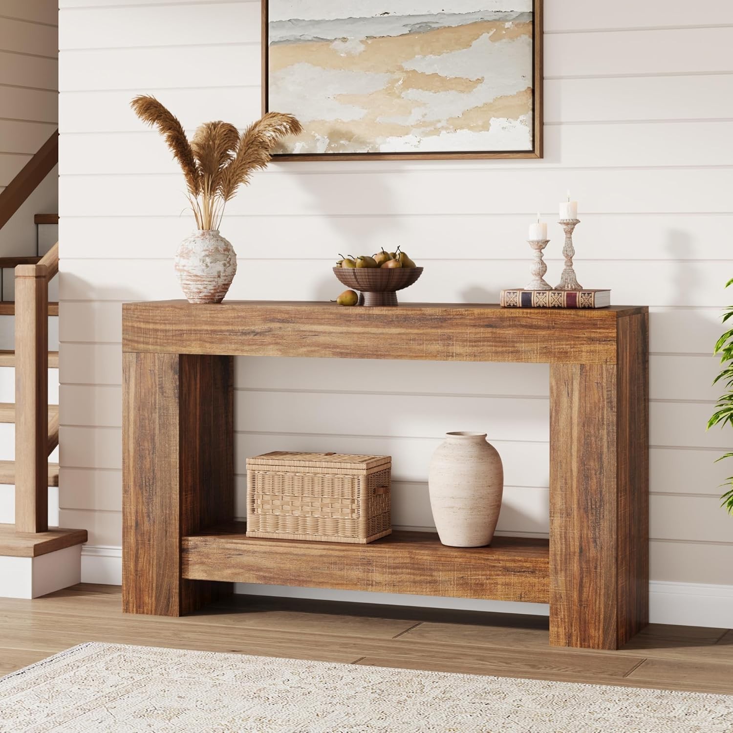 47.2 in Farmhouse Wood Console Table, 2-Tier Large Sofa Table for Living Room