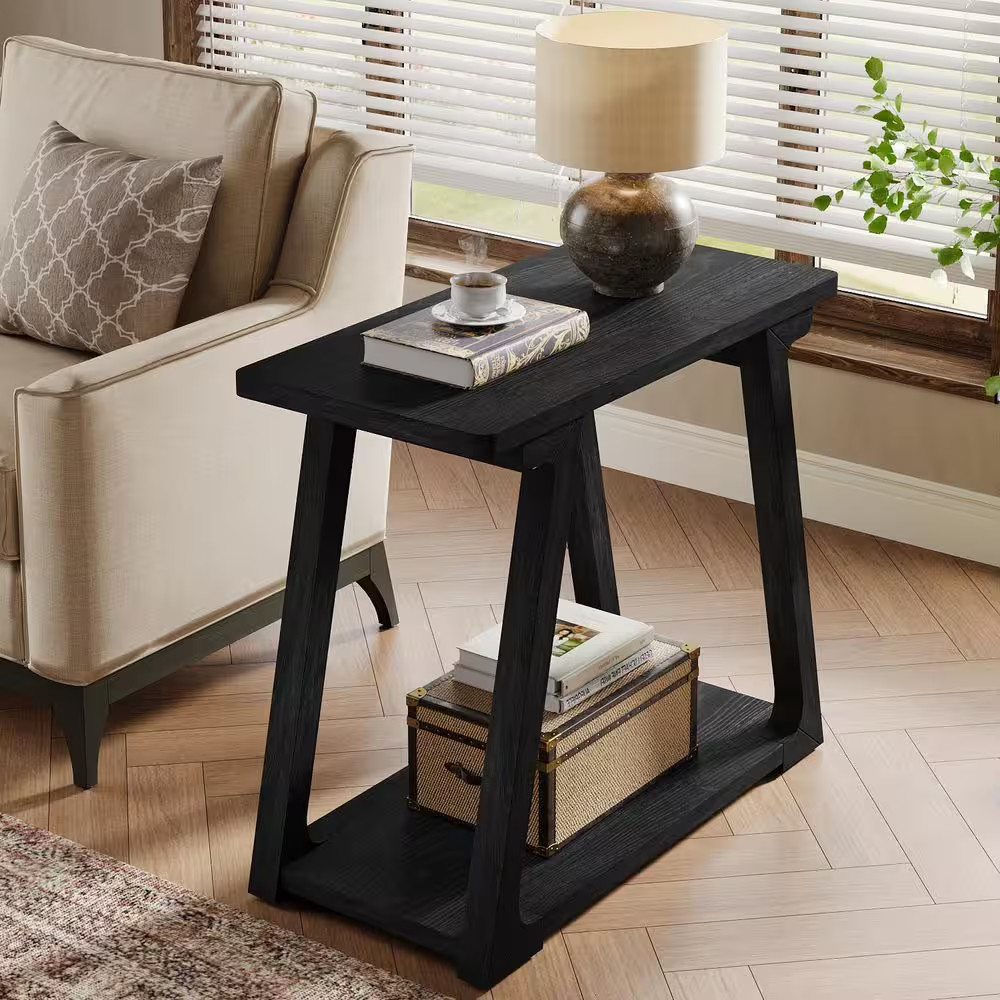 Kerlin 27.6 In. Black Rectangle Solid Wood Side Table, End Table with Shelf for