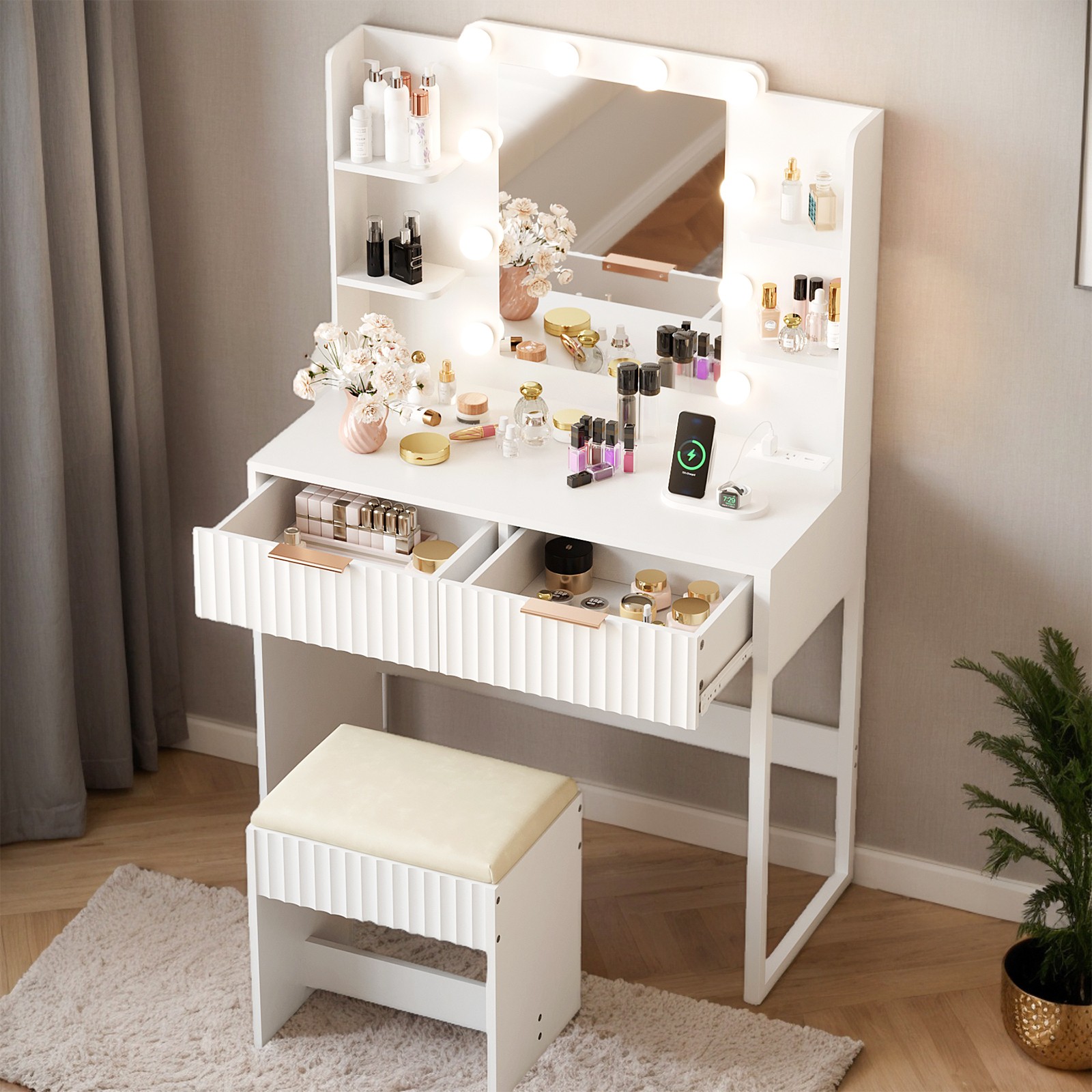 Vanity Set with Stool, Makeup Desk with Lights Mirror, Power Outlets, 2 Drawers