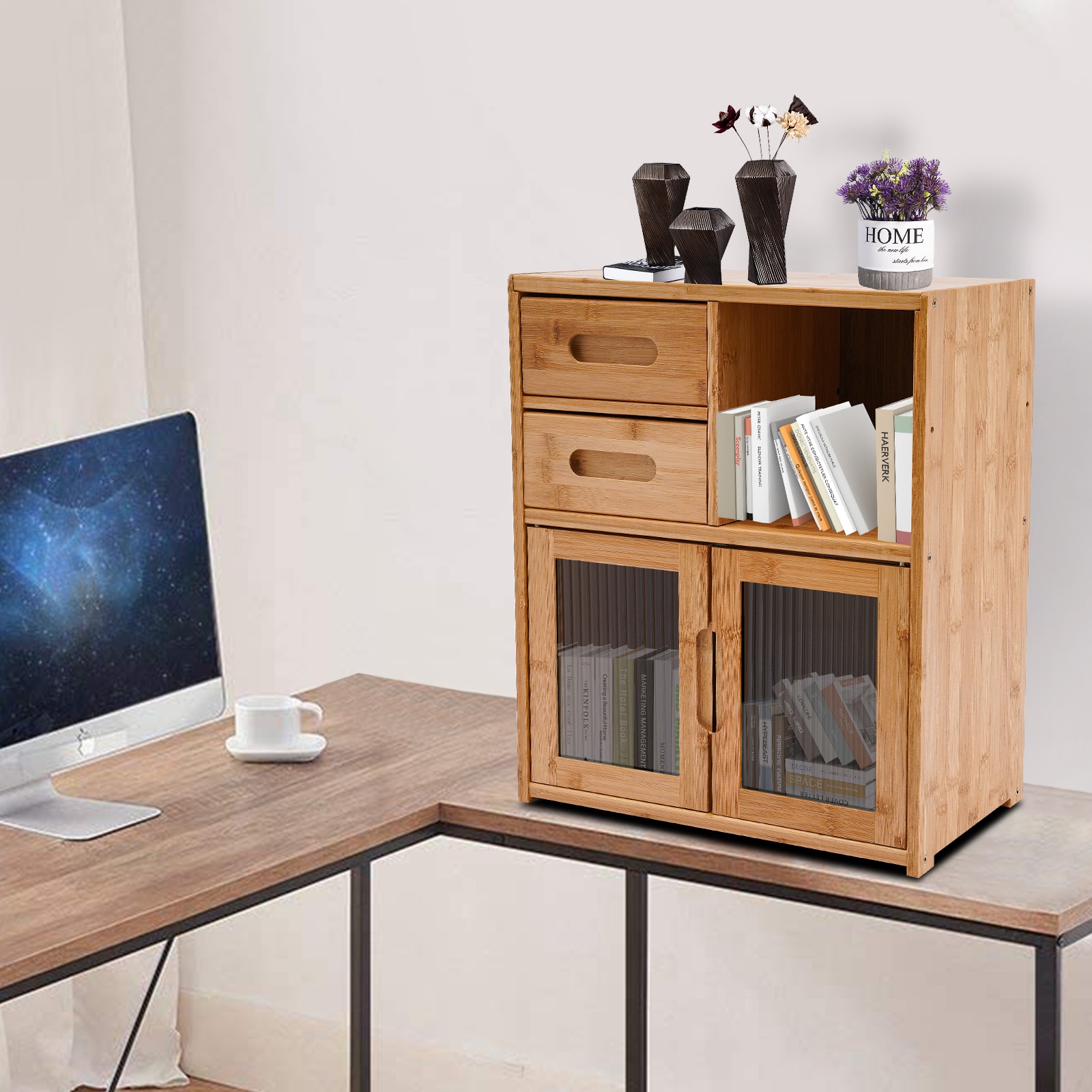 18.9in Tall Kitchen Pantry Sideboard Bamboo Kitchen Storage Cabinet with Drawer