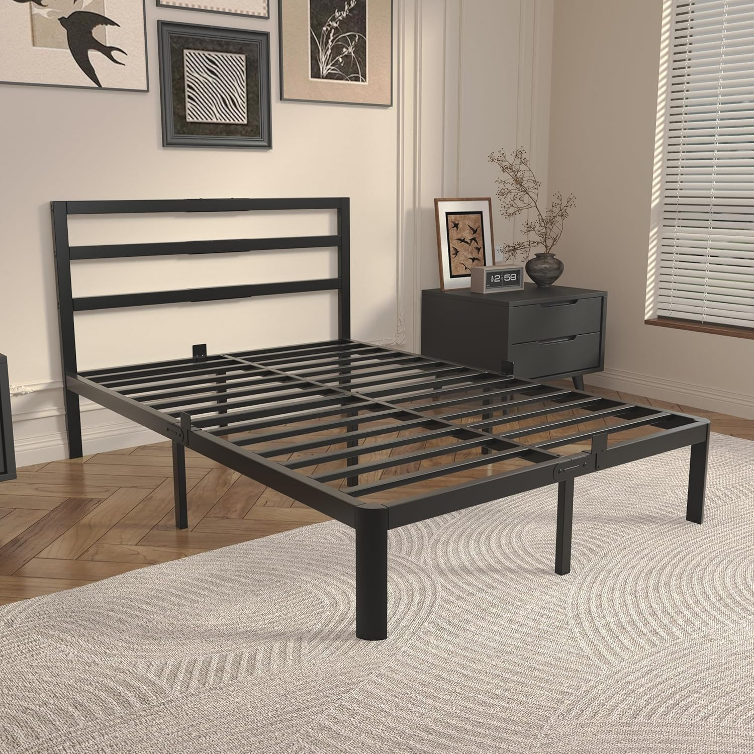 14″ Black Metal Full Bed Frame with Headboard, No Box Spring Needed