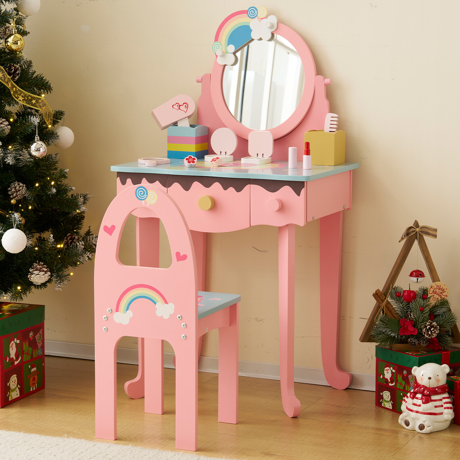 Christmas Gift for Kids Stylish Children’s VanityTable with Mirror & Drawers