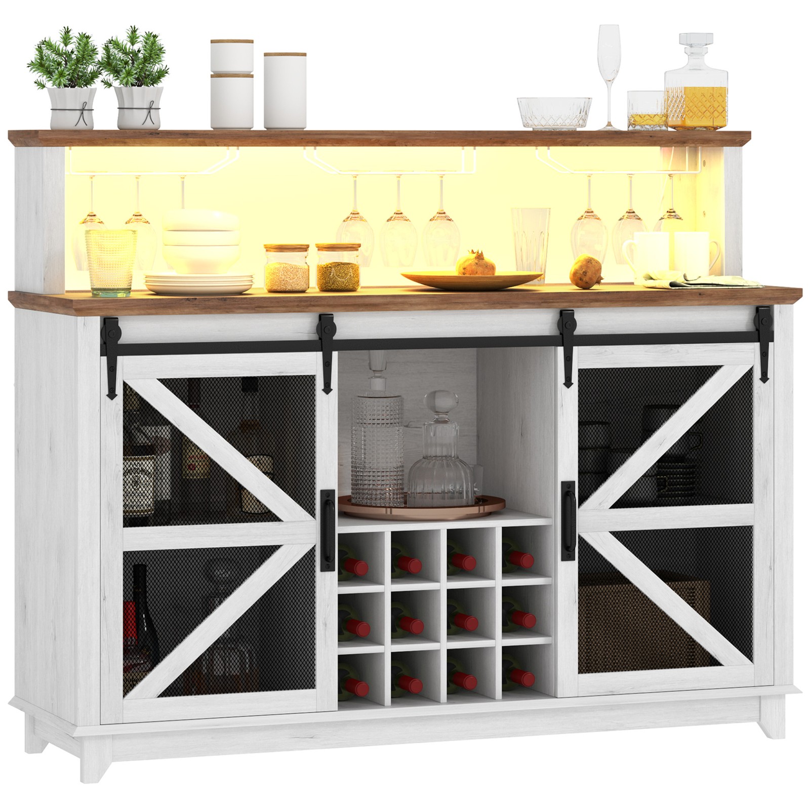 55″ Coffee Bar Cabinet with Lights, Wine and Glass Racks for Kitchen Dining Room