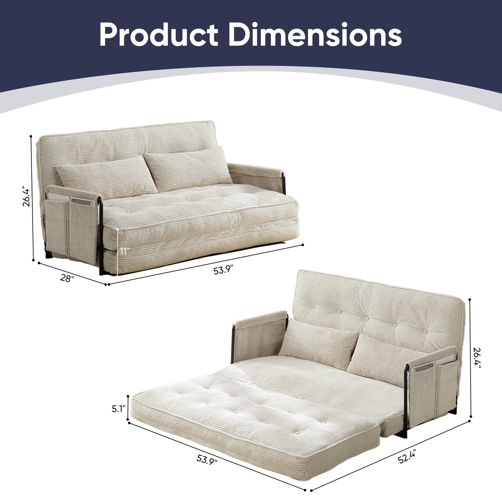 Zafly Sofa Bed Couch Sleeper Convertible Fold-Out Bed Couch With Side Pockets