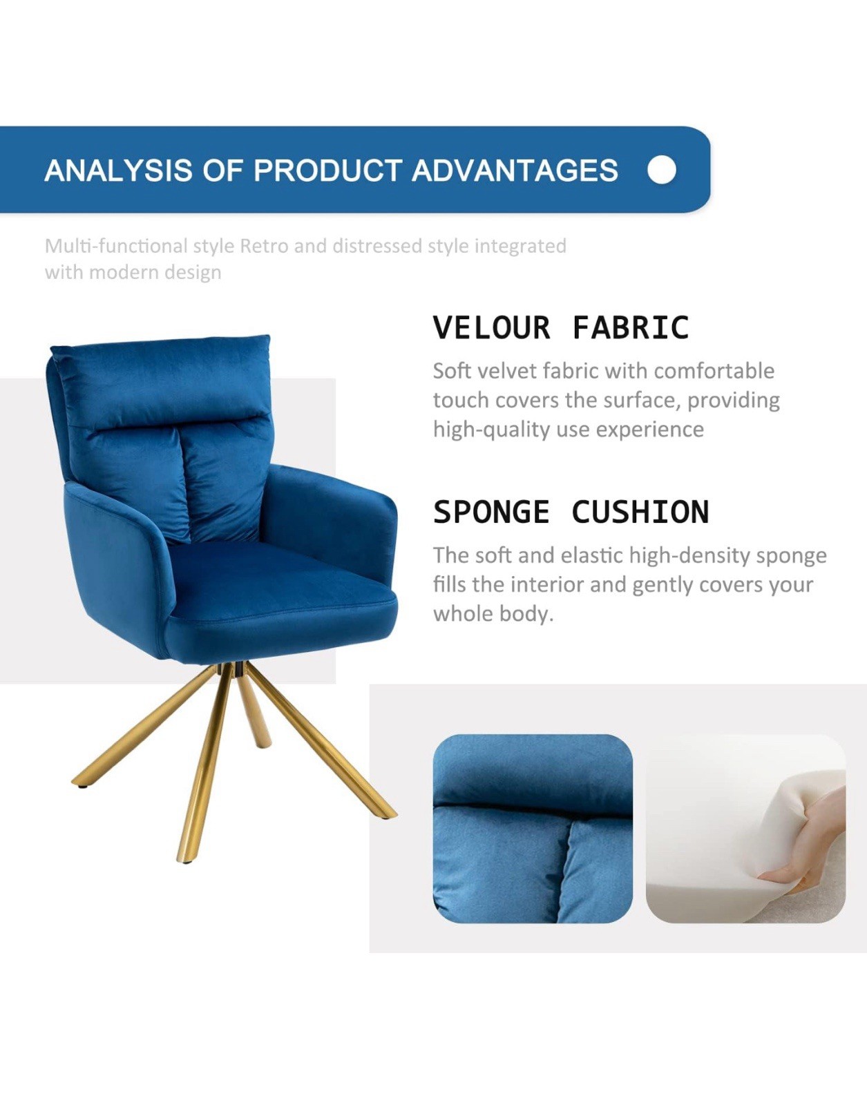 Velvet Office Desk Chair No Wheels, Modern Vanity Chair with Gold Legs, (Blue)