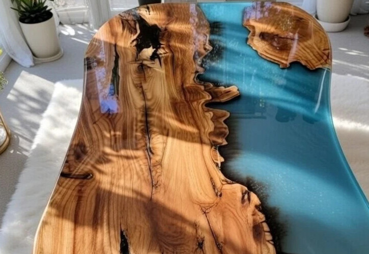 Blue River Epoxy Dining Table, Wooden Live Edge Table Top, Furniture For Kitchen
