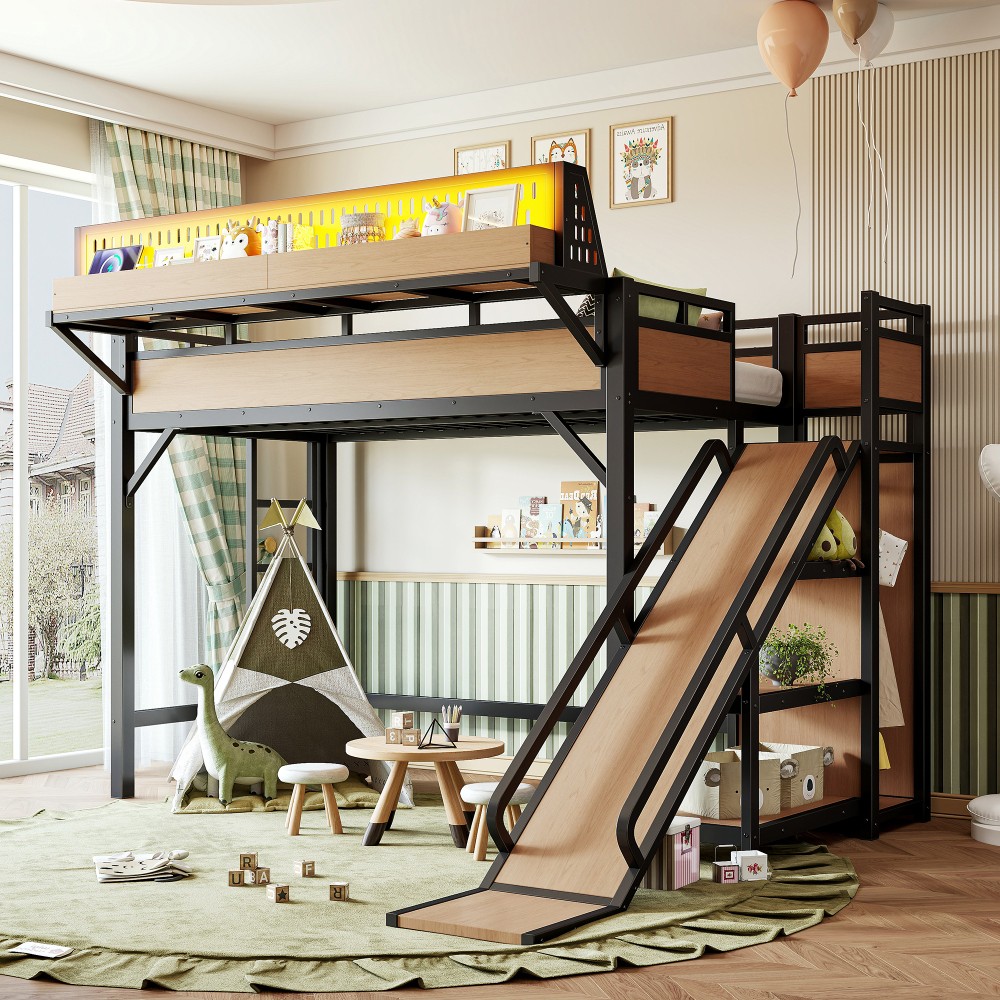 Twin XL Size Loft Bed Storage Stairs, Shelves Built-in Wardrobe, Metal USB LED