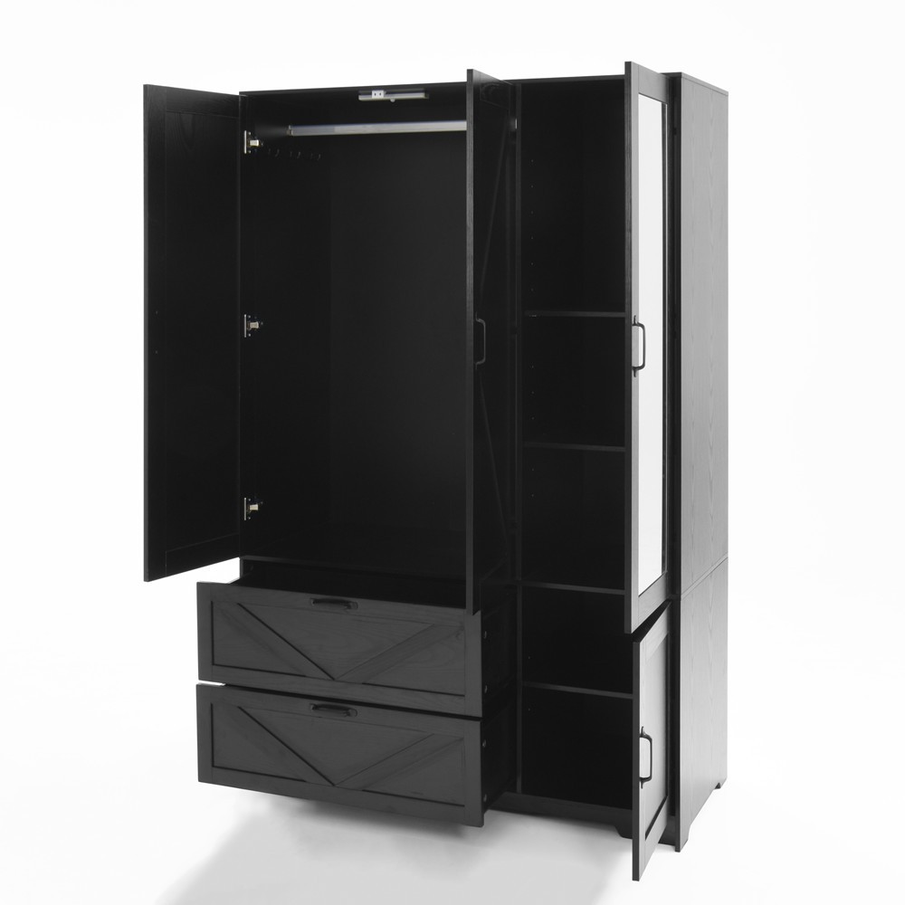 4 Doors Freestanding Wardrobe, Mirror Armoire Closet Storage Cabinet, 2 Drawers