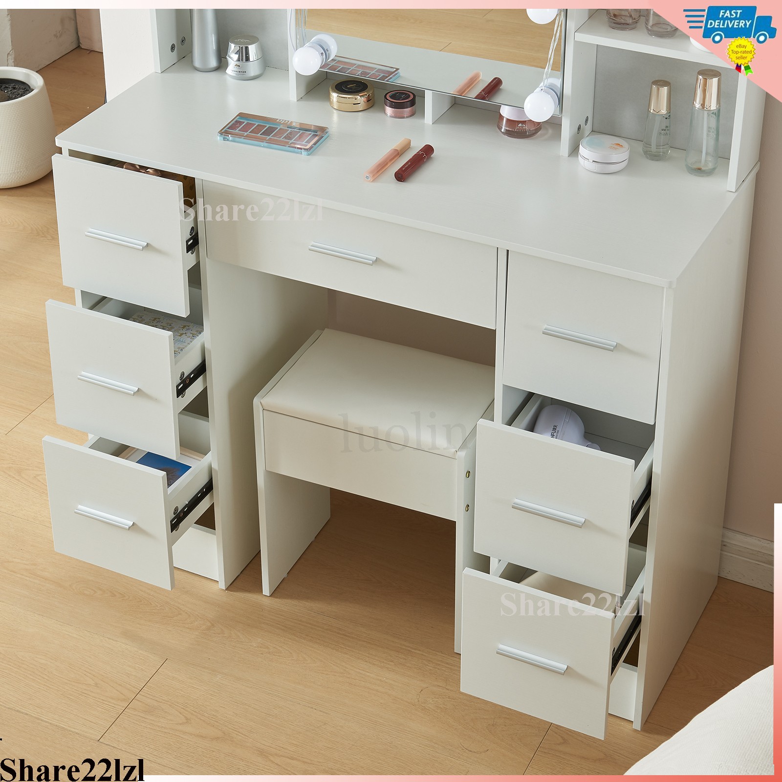 7 Drawers Vanity Desk Stool Set with LED Lighted Mirror for Bedroom Makeup Dress