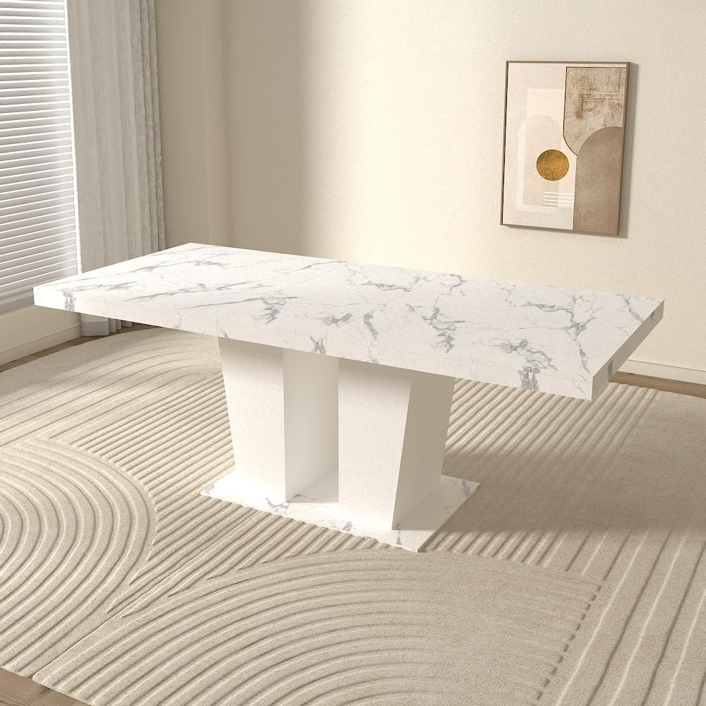 Extendable White Marble Dining Table for 6-10, Modern Rectangular Design
