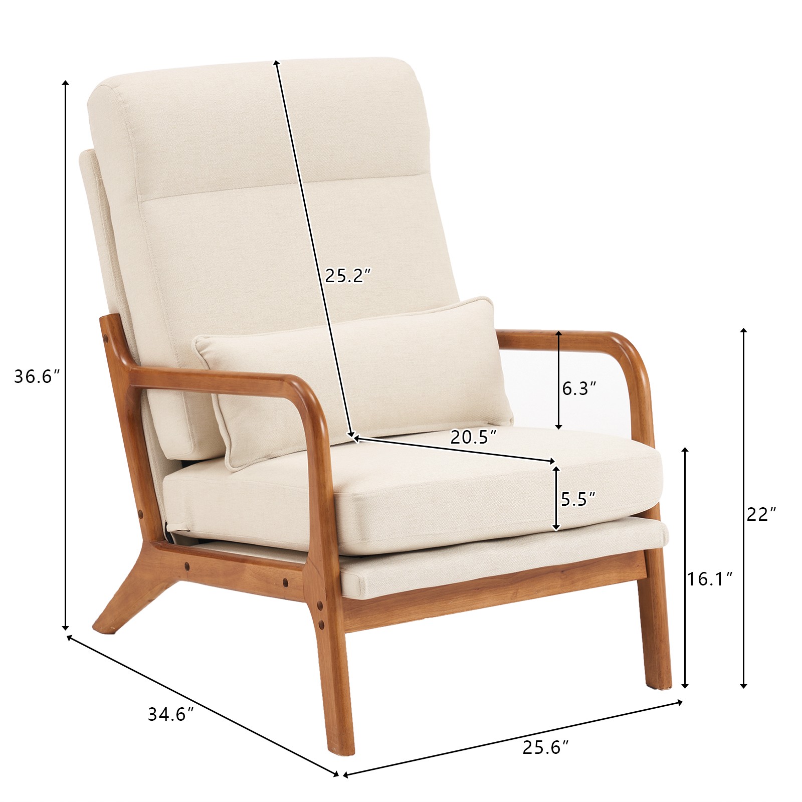 High Back Solid Wood Armrest Backrest Iron Frame Linen Indoor Leisure Chair Off