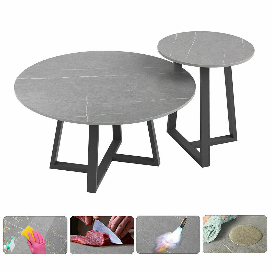 Sintered Stone Round Coffee Table 2x Nesting Table For Living Room Easy to Clean