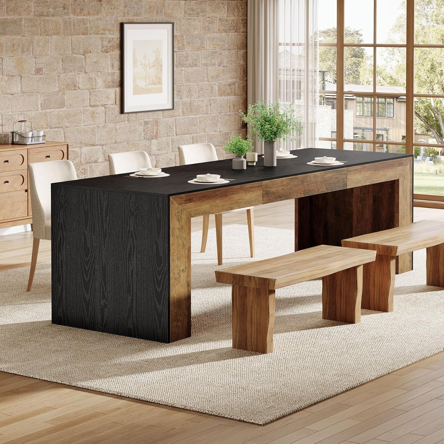 78.7-Inch Long Dining Table, Rectangular Kitchen Table with Wooden Tabletop