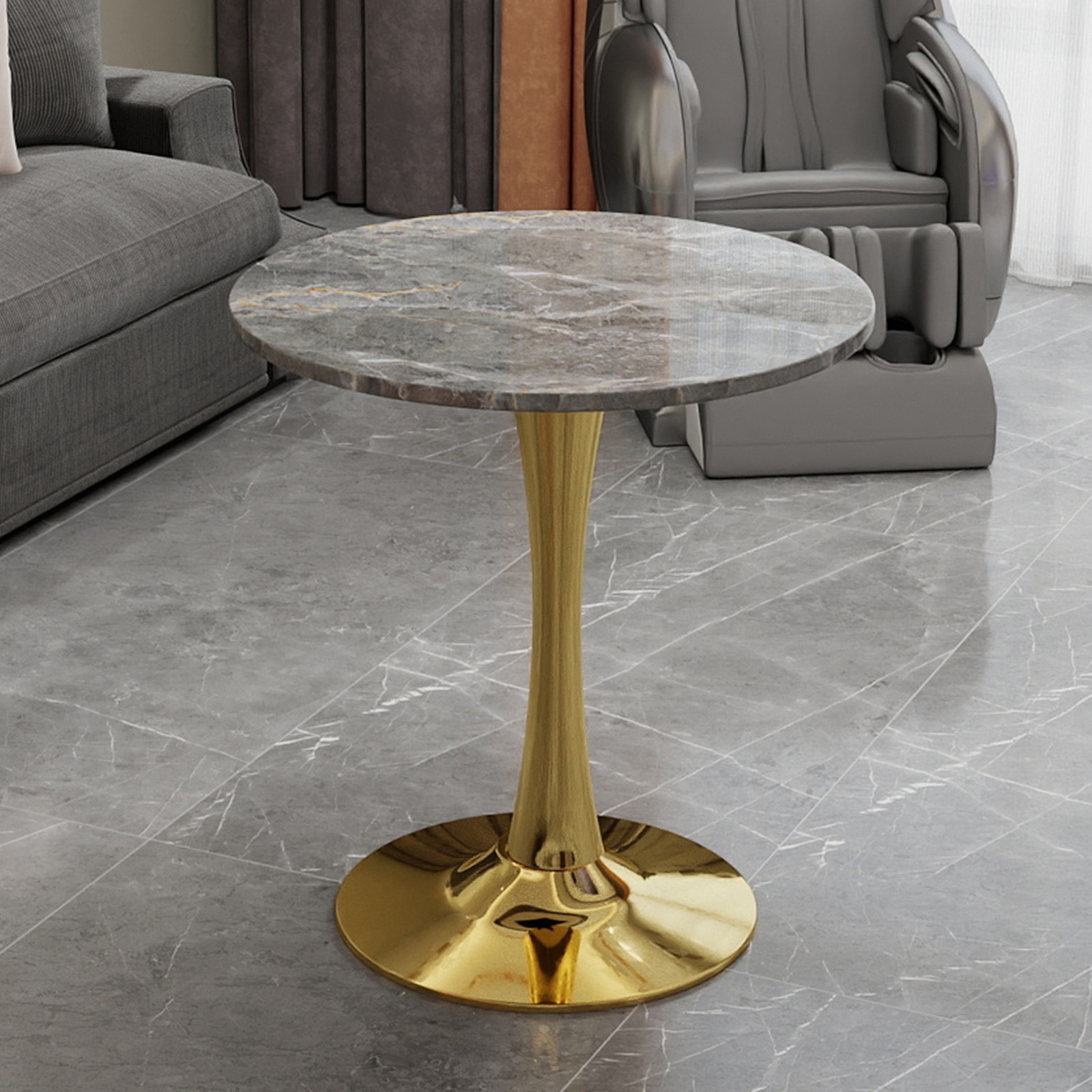 27.56″ Round Marble Top Gold Pedestal Dining Table Seats 2-4
