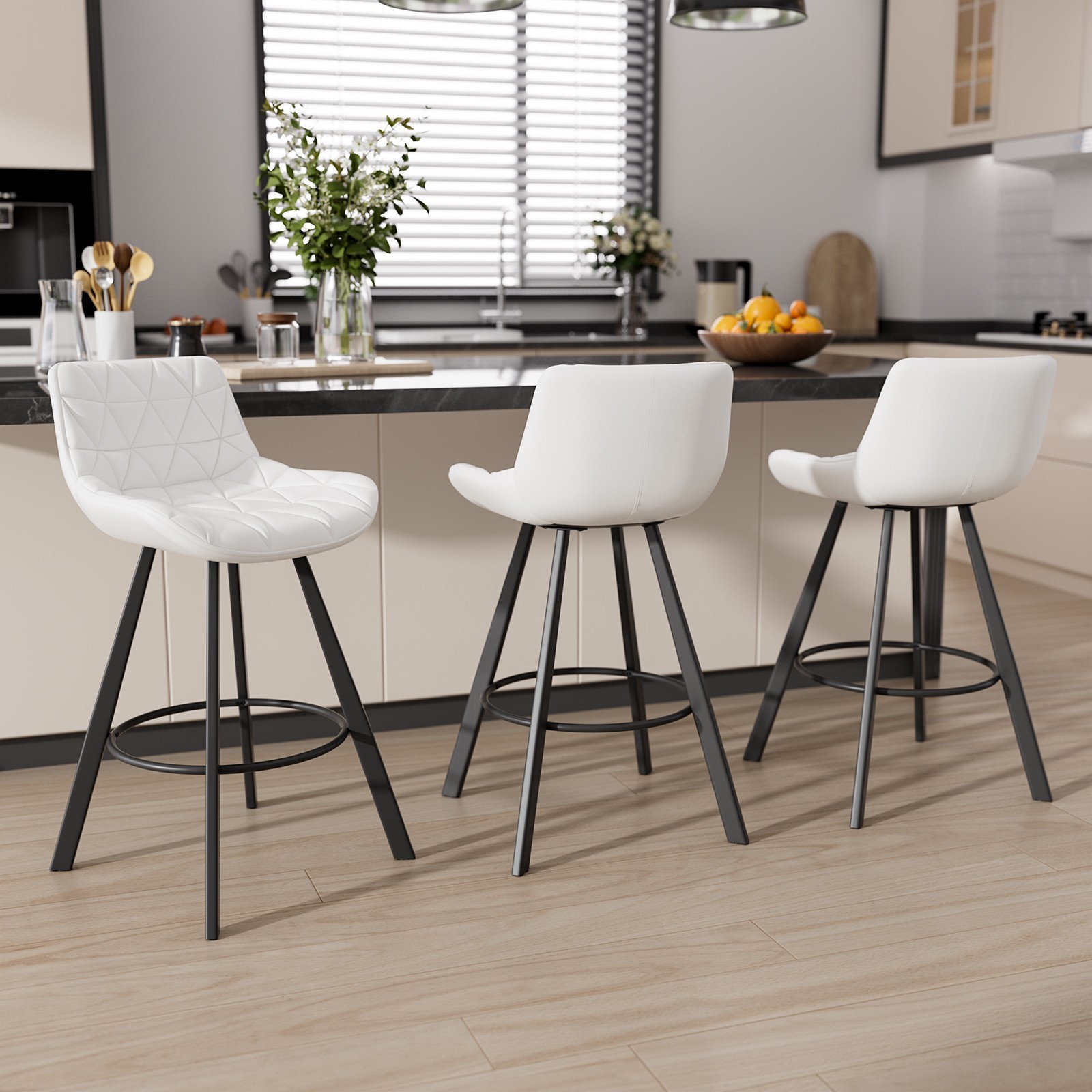 26″ Counter Height Bar Stools Set of 3/6, PU Bar Chairs with Back and Footrest