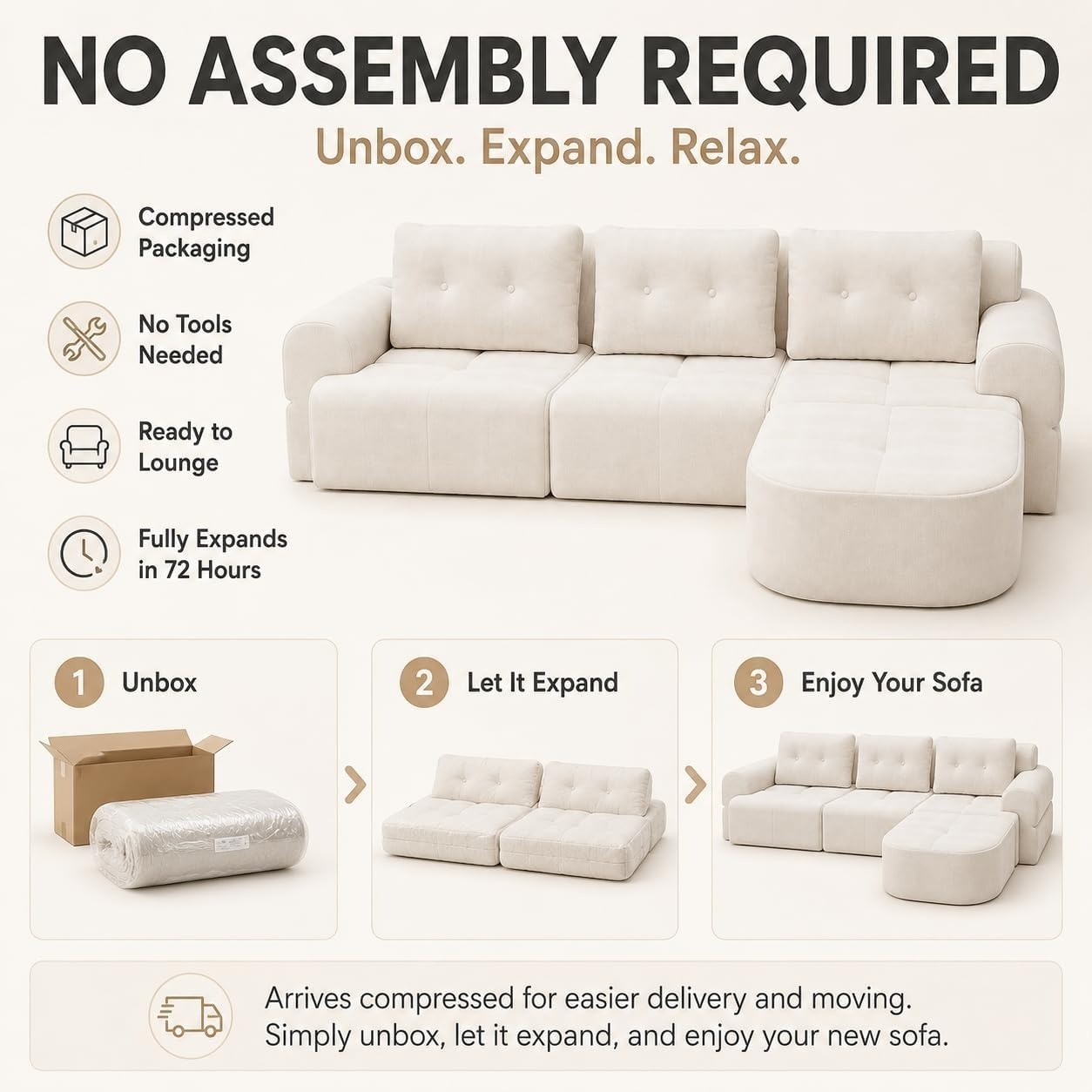 112″ Modular Sectional Sofa Couch with Chaise, L-Shaped Cloud Couch, Beige White