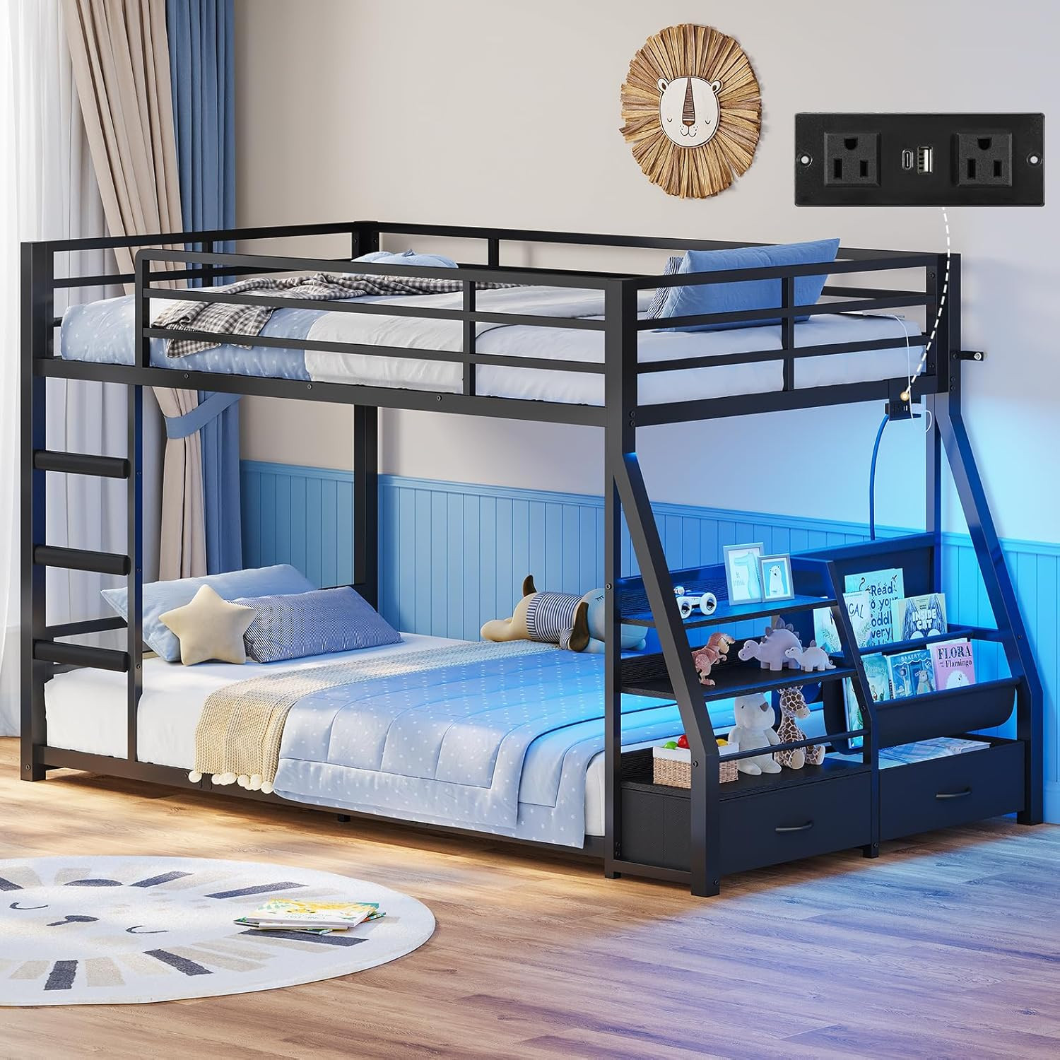 ADORNEVE Low Bunk Bed with Sling Bookshelves, Storage Drawers & Power Outlet, LE