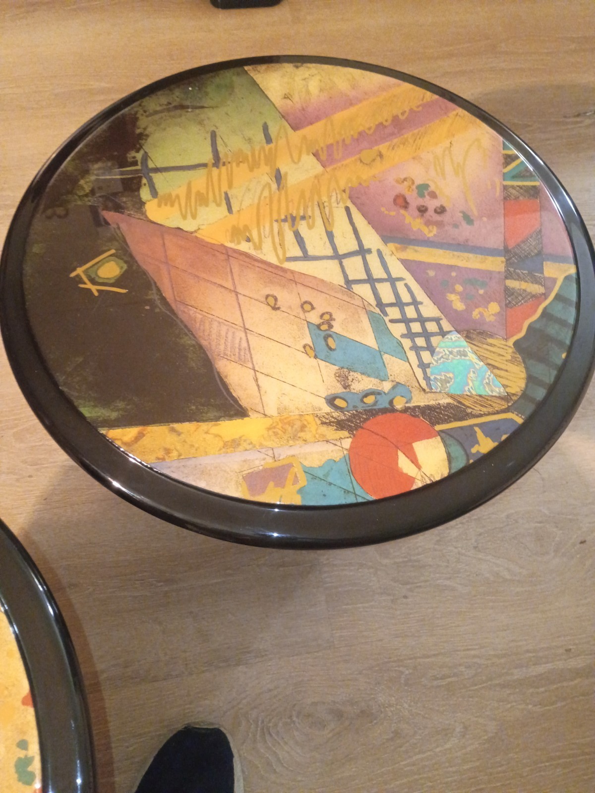 Set of 3 80’s Black Lacquer Mushroom Nesting Tables Abstract Art Tops.