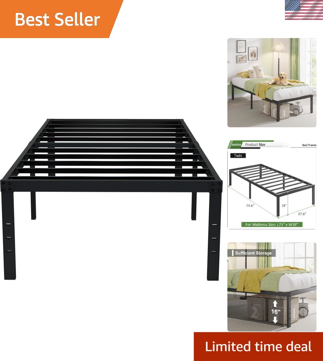 Elegant 18 Inch Black Twin Bed Frame – Strong Metal Platform for Maximum Support