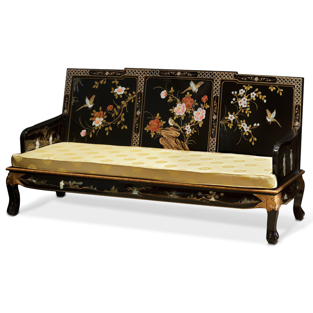 US Seller – Black Lacquer Mother of Pearl Chinese Sofa Couch