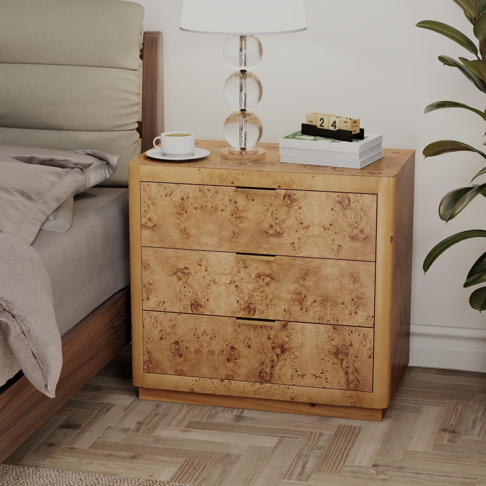 Burl Dresser, Farmhouse Fully Assembled 3 Drawer Nightstand, Natural
