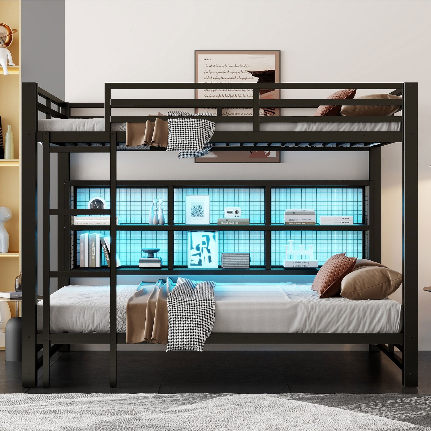 Queen Over Queen Metal Bunk Bed Frame with LED Lights & Storage Cabinets Black