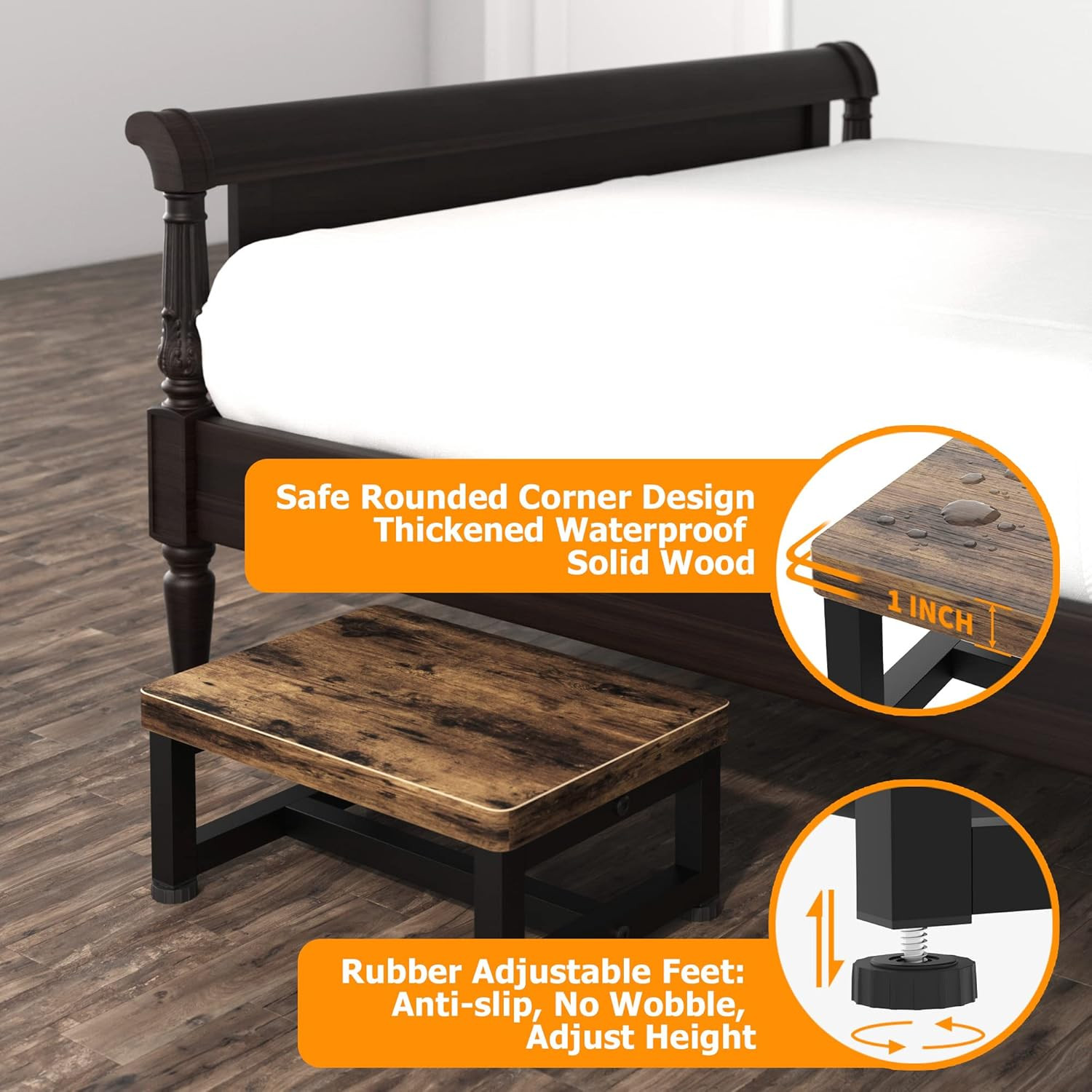 Wooden Step Stool for Adults & Kids Non-Slip Heavy Duty 500LBS Rustic Brown