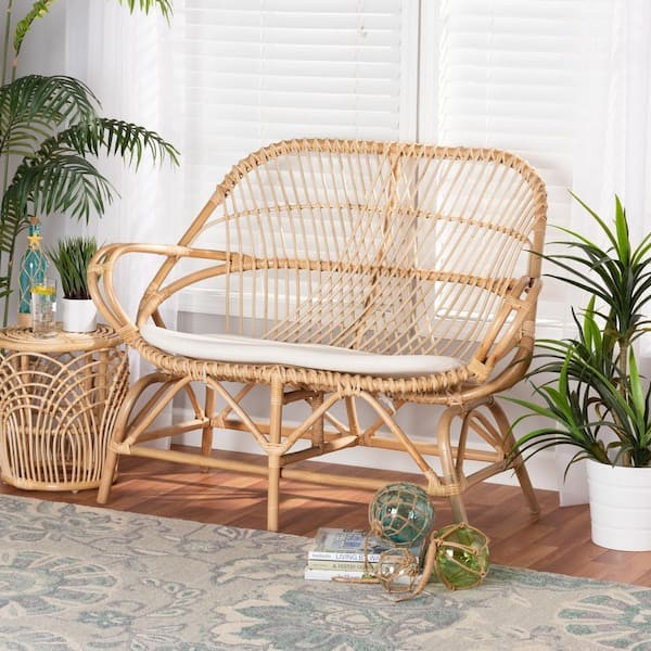 44.9” Natural Rattan Loveseat Sofa – 2-Seater Boho Wicker Couch for Living Room