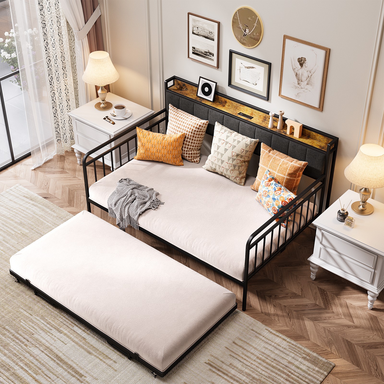 Full Daybed with Trundle, 99.2″Full Size Bed Frame with Upholstered Headboard