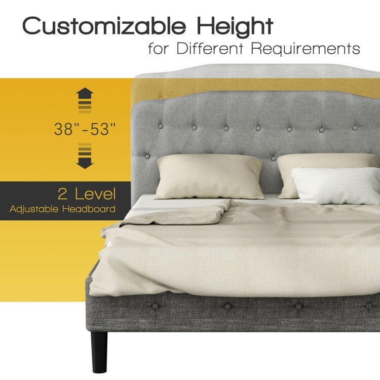 Queen Size Modern Upholstered Tufted Headboard Bed Adjustable Height Light Gray