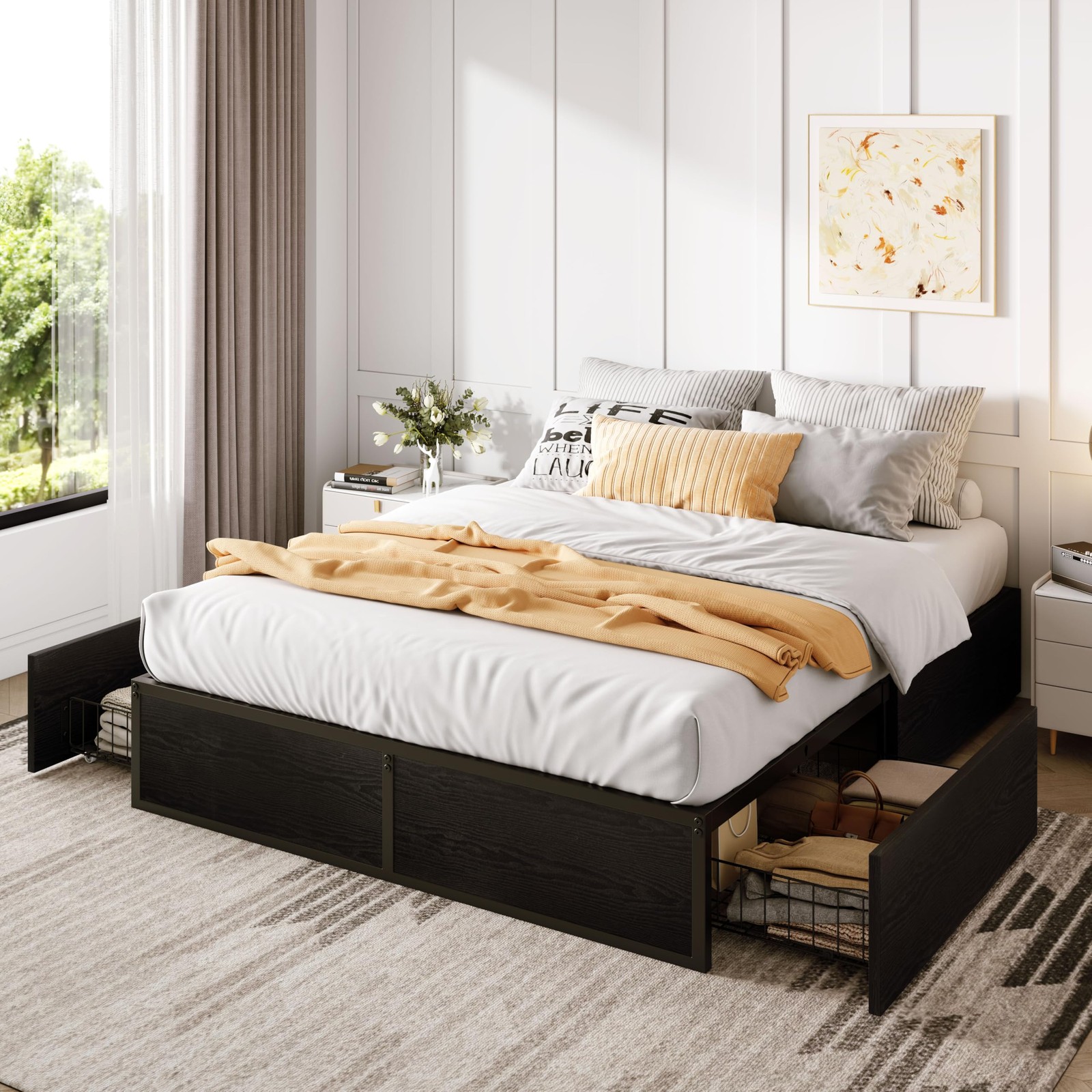 Full Platform Bed Frame with 2 Large Storage Drawers, Black