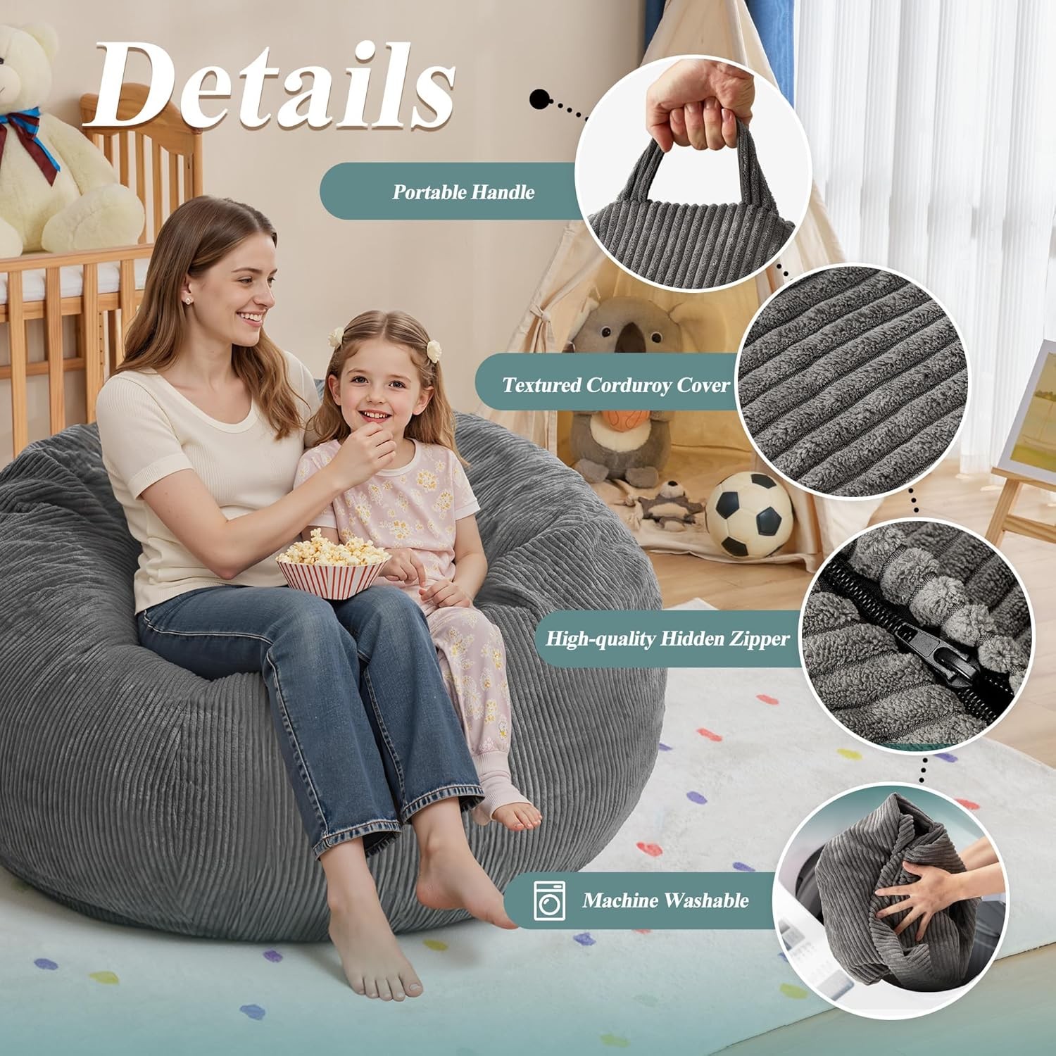 3FT Bean Bag Chairs Teardrop Bean Bag Chair Adults Beanbag Chair W/ Memory Foam
