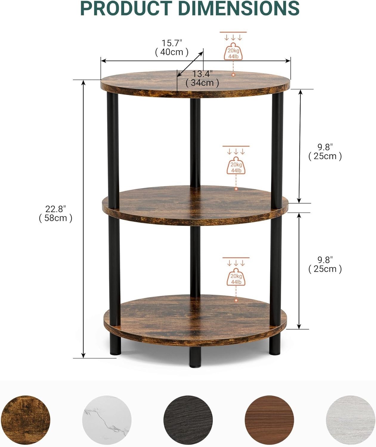 3-Tier Round End Side Table w/ Adjustable Feet, Metal Legs, 15.7 x 22.8 in