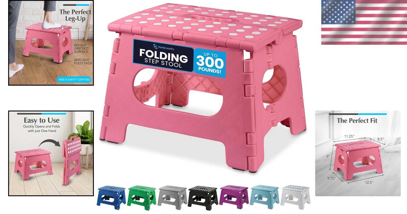 Durable Pink Step Stool – 9 Inch, Easy One Flip Fold Design – Ideal for Any Room
