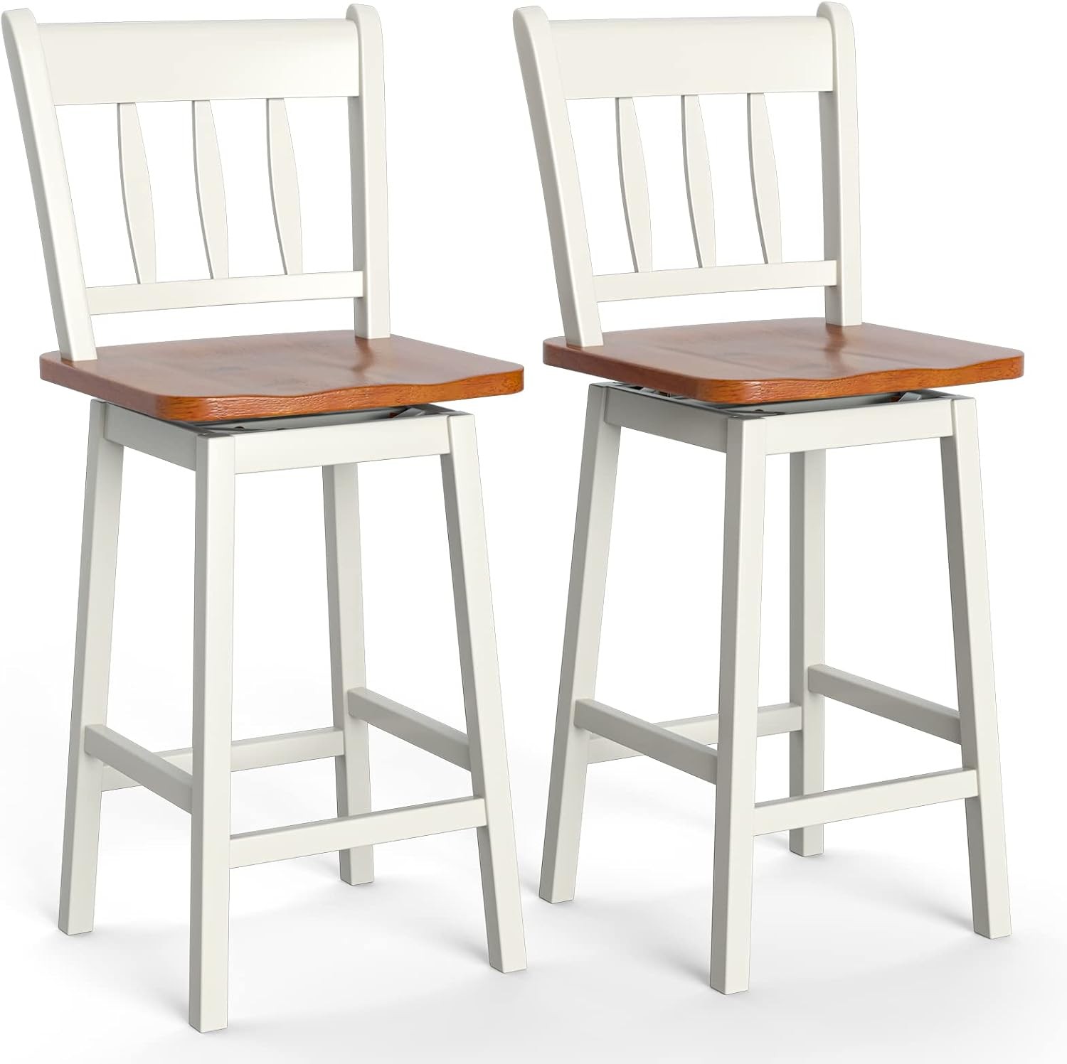 Bar Stools Set of 2 24.5 Inch Rubber Wood Bar Chairs W/ 360°Swiveling Footrest
