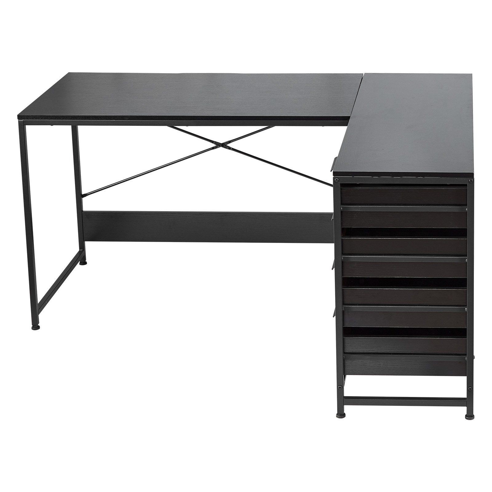 59in Reversible L Desk: Sturdy Workstation w/ 4 Wood Drawers & Dual Open Shelves
