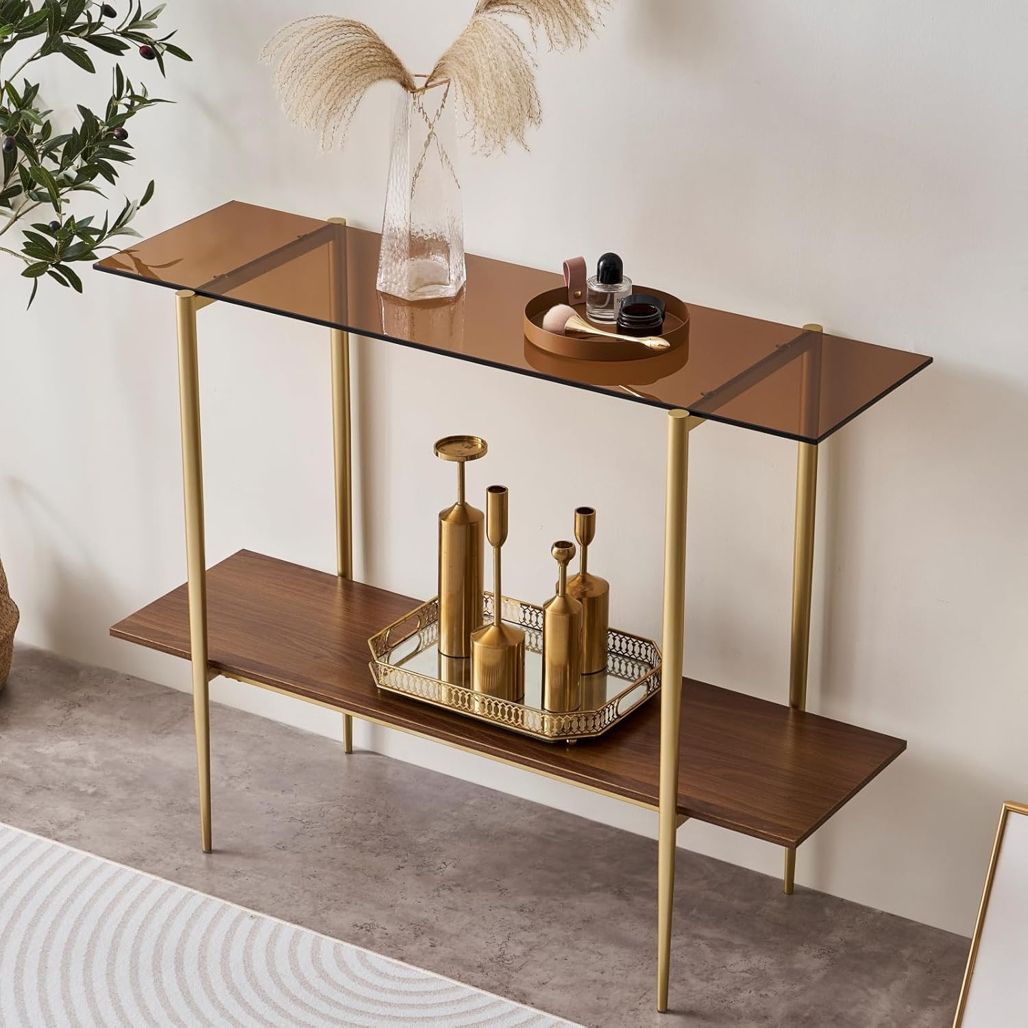 Mid-Century Modern Glass Console Table with Walnut Shelf & Gold Frame