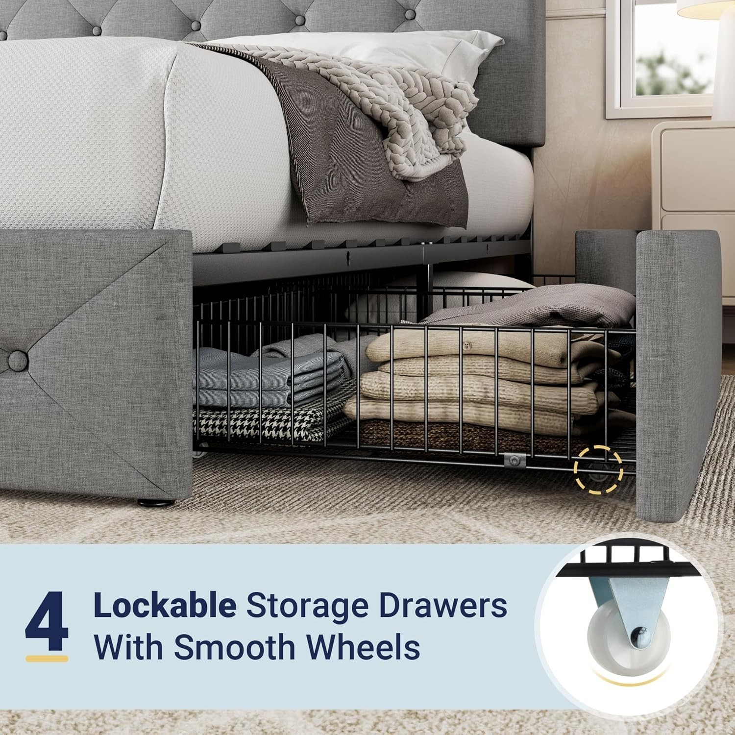 Upholstered Queen Size Platform Bed Frame with 4 Storage Drawers and Headboar…
