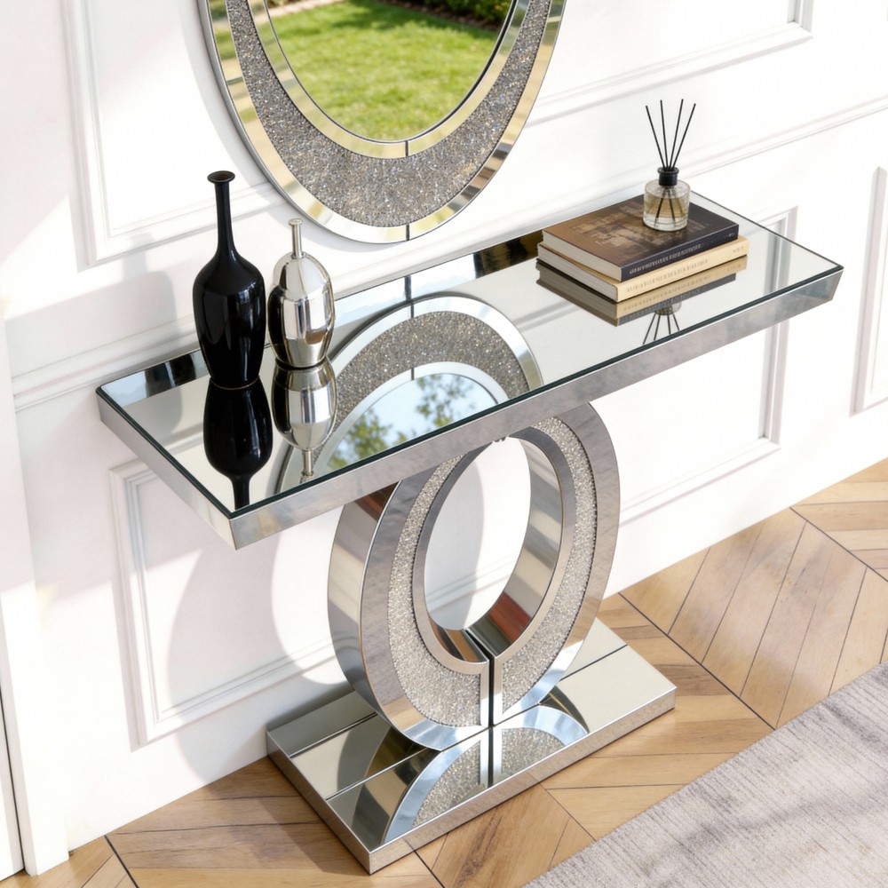 Mirrored Olive Shape Console Table Crushed Diamond Rectangular Console Table