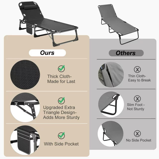 Folding Camping Cot Bed Adjustable 5-Position Folding Lounge Chair Portable 3IN1