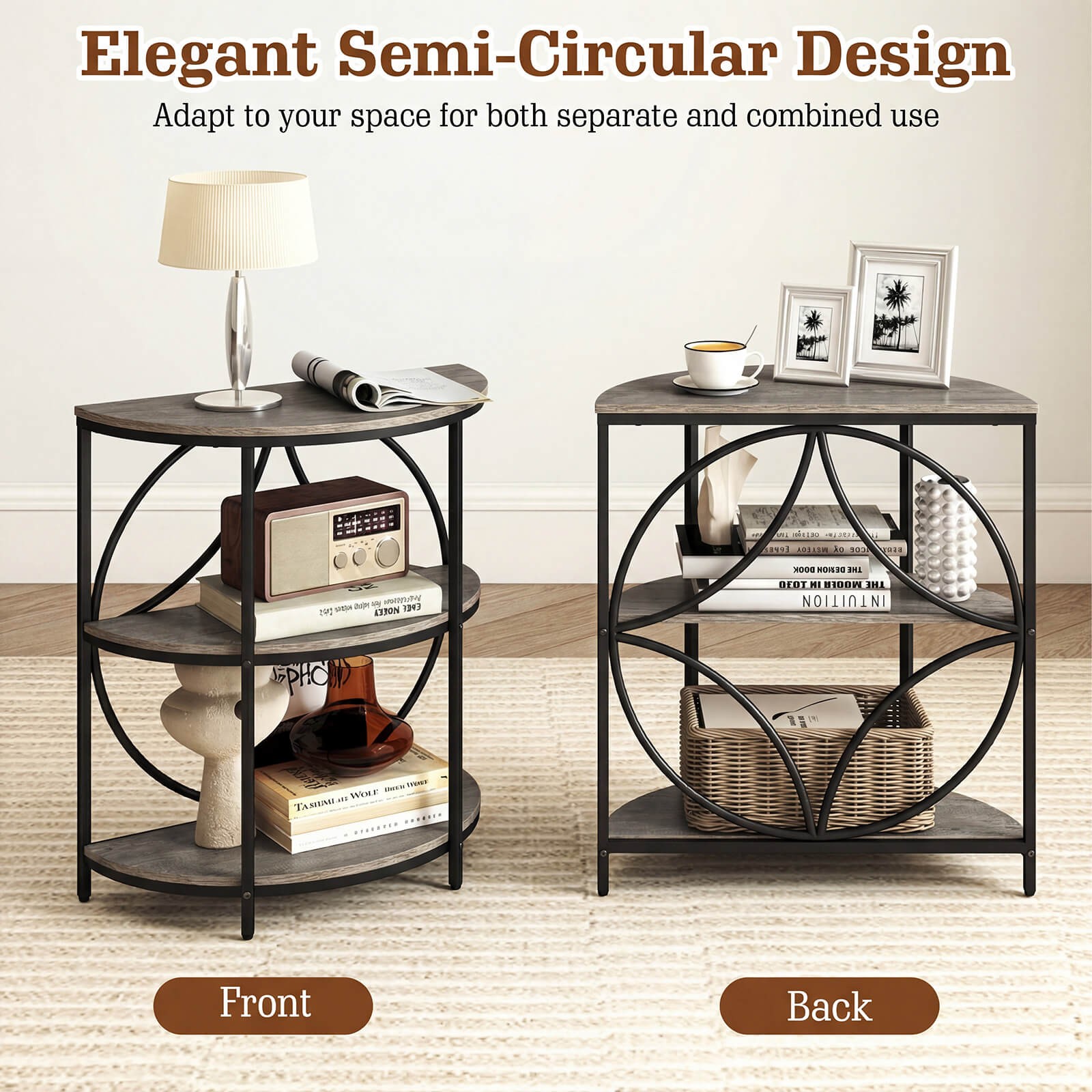 3-Tier Half Round End Table Set of 2 w/Study Metal Frame, Storage Shelves