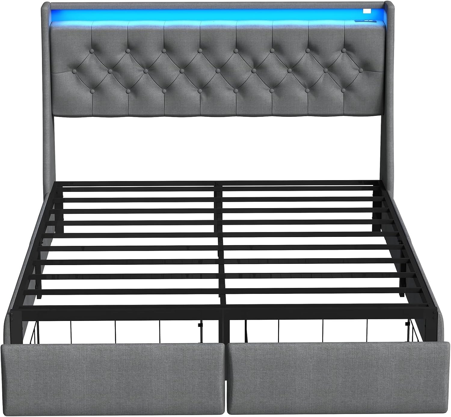Button Tuffed Full Queen King Upholstered Bed Frame with Charging and Headboard